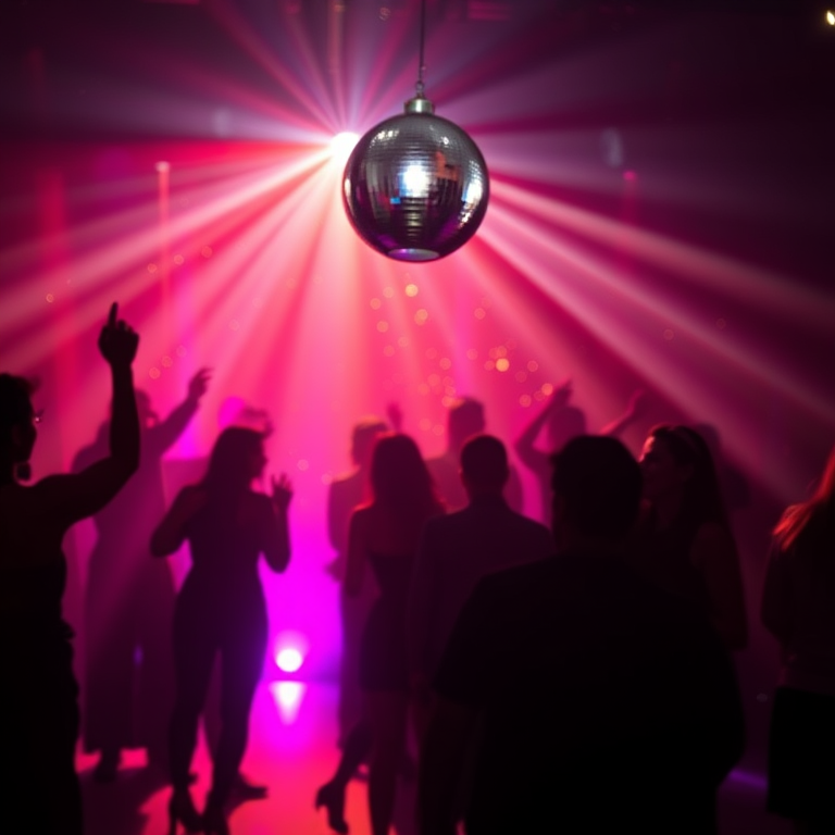 Generate an image of a silhouette dance party scene with a disco ball and sparkling lights, using a DSLR camera with a 50mm lens, aperture f/1.8, exposure time 1/100 sec, ISO 200, shot from eye level, capture in vibrant colors and high contrast for enhanced detail.