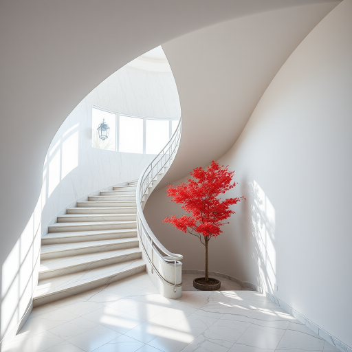 A bright and airy interior scene featuring a winding marble staircase illuminated by soft natural light, with a small red tree beside it, taken with a DSLR camera at f/2.8 aperture, ISO 100, 1/125s shutter speed, using a wide-angle lens and a high dynamic range setting for enhanced detail and color vibrancy.