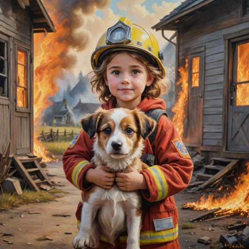 airbrushed oil painting, pixar style, cute little girl in fireman gear, helmet, tousled hair, expressive eyes, standing in the doorstep of a cottage burning behind him, holding a cute little dog in her arm, atumn sky