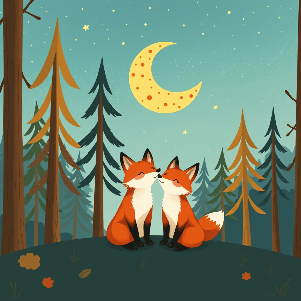 Create an illustration of two cartoon foxes sitting together in a forest, gazing up at a whimsical, smiling crescent moon with polka dots, surrounded by tall trees and a starry sky, using a warm color palette of oranges and blues; shot with a Canon EOS R5 at f/2.8, ISO 100, 50mm lens, in a portrait orientation to enhance detail and depth.