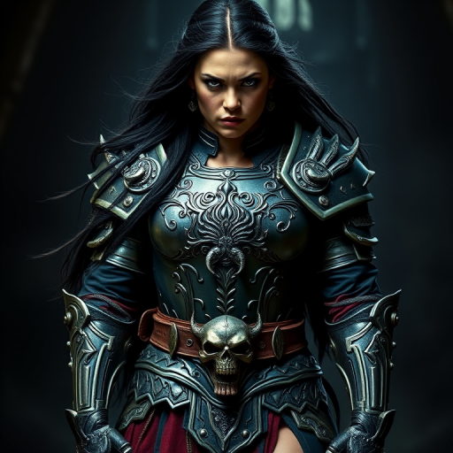 Create a photo of a fierce female warrior with long black hair, wearing an ornate, metallic armor. The armor includes a breastplate with intricate designs, shoulder guards, and gauntlets. The breastplate is decorated with a central emblem, possibly representing a mythical symbol, and has a sculpted, form-fitting design. She wears a belt with a large skull ornament at the center, and her armor extends into a partial skirt, revealing one leg. The overall look is both protective and stylish, with a dark, gothic aesthetic. The background is dimly lit, suggesting a medieval or fantasy setting, enhancing the warrior's imposing presence and intense expression.