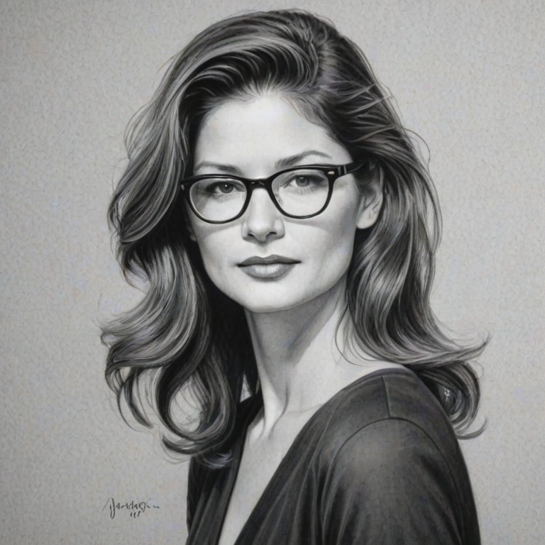 Elegant Jill Hennessy, pencil sketch, portrait of Enticing woman 1947s in glasses, hair style beatnik, outline, clear lines, fine lines, 8k