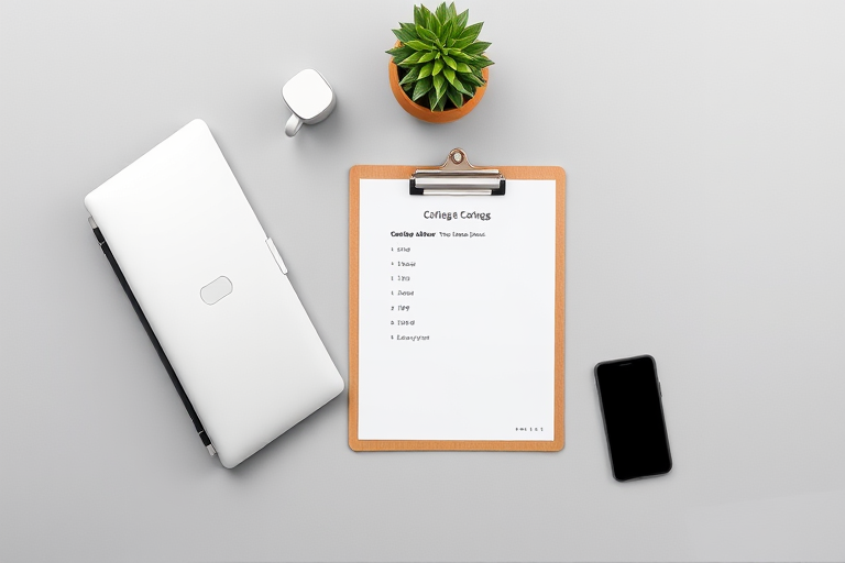 Create a high-resolution flat lay image of a minimalistic workspace featuring a silver laptop, a clipboard with a list, a cup of coffee, a smartphone, and a computer mouse on a soft gray background, captured with a DSLR camera at f/2.8, ISO 100, and a 24mm lens to enhance depth of field and clarity.