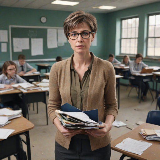 realistic short haired teacher wearing glasses holding some folders standing outside a chaotic classroom exhausted and broken