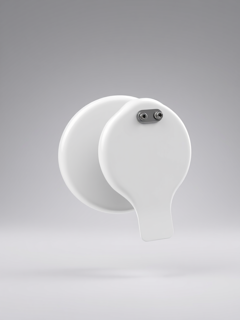 Create a 3D render of a glossy white badge in mid-air against a soft gradient background, with the badge facing both front and back to show the pin mechanism, using a Canon EOS R5 with an aperture of f/8, shutter speed of 1/125s, ISO 100, and a 50mm lens, in a studio lighting setup for enhanced image quality.