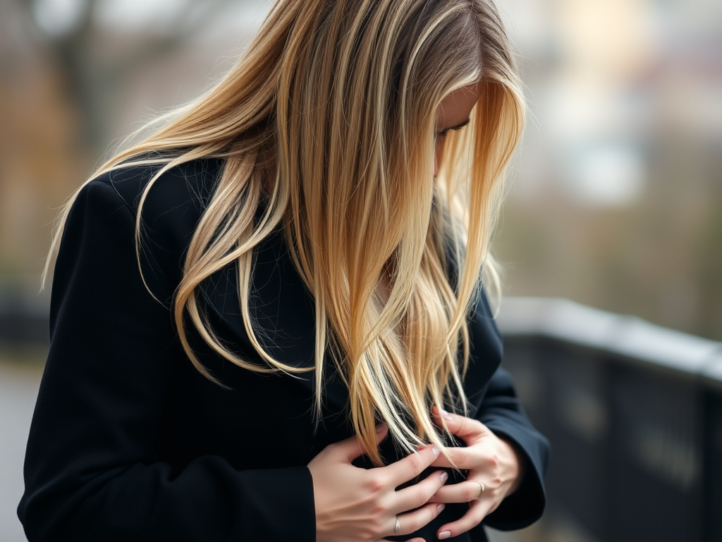 A woman with long blonde hair in a black coat, standing with her head down and hands on her stomach, soft focus, natural lighting, 50mm lens, f/2.8 aperture, ISO 100, shallow depth of field, watercolor effect, high resolution.