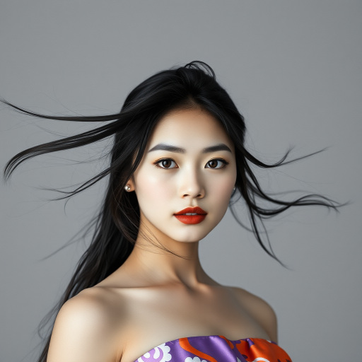 Photographic image of a beautiful young Ainu woman, brown eyes, lips with brown lipstick, long hair fluttering in the wind and wearing a silk strapless dress with a soft purple and orange print. monochrome image with only color highlights in the iris of the eyes, lipstick and dress. Gray background.