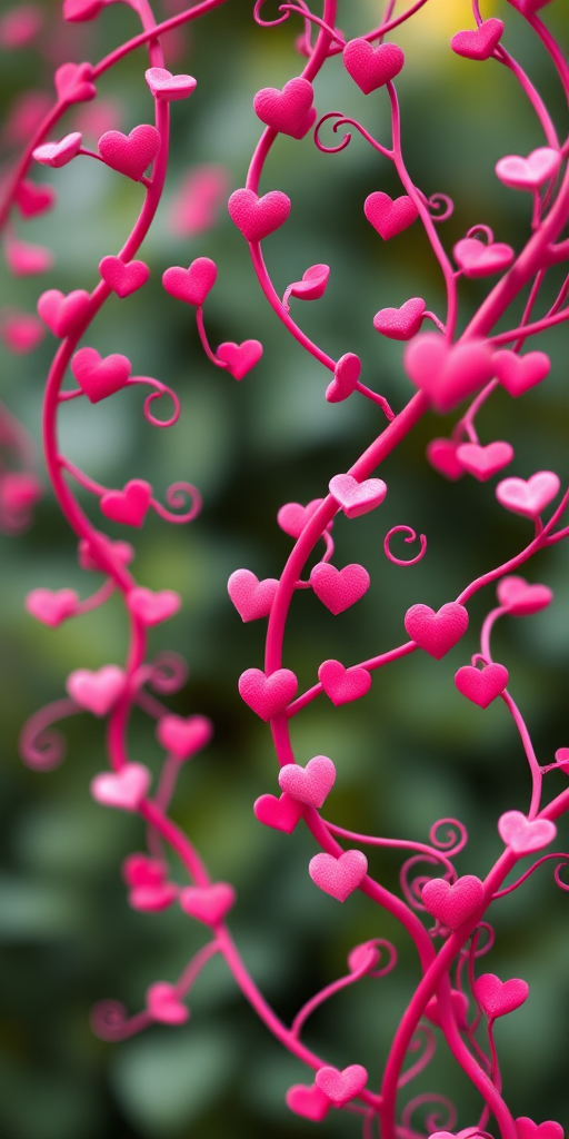 Create a vibrant illustration of swirling pink vines adorned with various shades of small hearts, using a Canon EOS R5 with a 50mm f/1.2 lens in portrait mode, ISO 200, f/1.8, and a shallow depth of field to enhance details and colors.