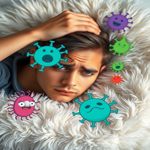 Regenerate an image of a young man lying on a fluffy white surface with his hand on his forehead, appearing stressed or tired, surrounded by colorful cartoon germs, using a Canon EOS R5 camera, 50mm lens, f/1.8 aperture, ISO 100, and a soft focus style.