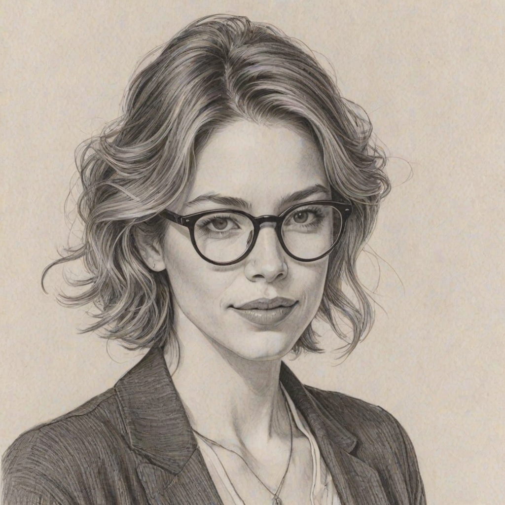 Radiant Tessa Ferrer, pencil sketch, portrait of Sublime woman 1974s in glasses, hair style beatnik, outline, clear lines, fine lines, 8k