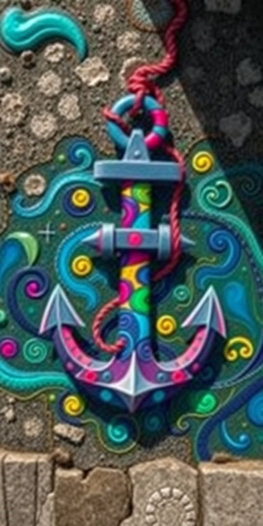 Create a vibrant, artistic illustration of an anchor decorated with colorful swirls and patterns, captured using a DSLR camera with a 50mm lens at f/1.8, ISO 100, aperture priority mode, natural lighting, overhead view for a dynamic perspective.
