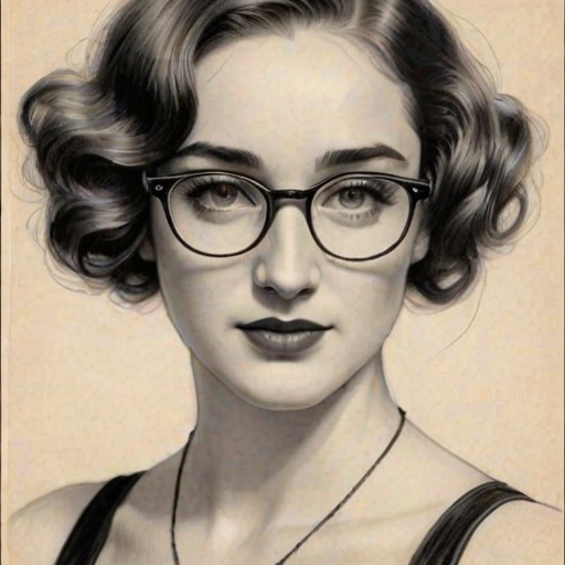 Comely Ashley Johnson, pencil sketch, portrait of Sublime woman 1920s in glasses, hair style beatnik, outline, clear lines, fine lines, 8k