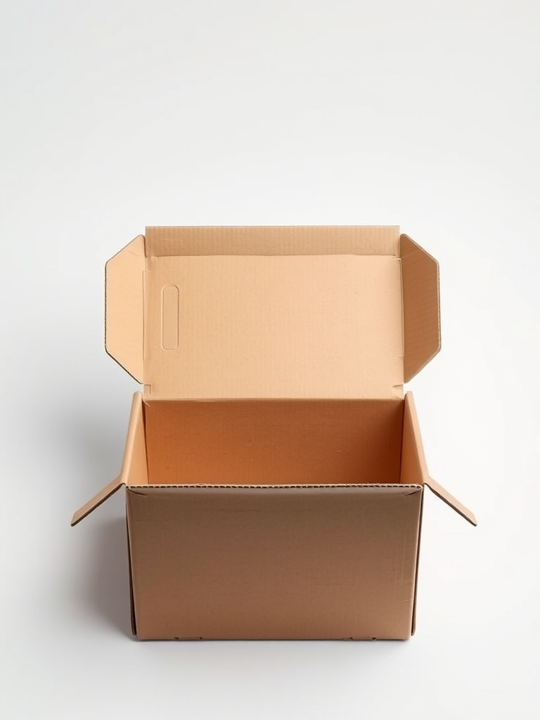 Create a high-resolution image of an open cardboard box on a plain white background using a DSLR camera with a 50mm lens, aperture set at f/2.8, ISO 100, shutter speed 1/200s, and a top-down view for clarity and detail.