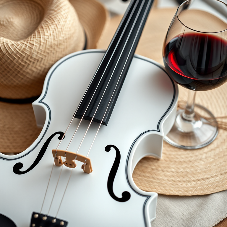 a close-up shot of a white violin with black strings, a straw hat beside it, and a glass of red wine, soft natural lighting highlighting the textures, shot with a Canon EOS R5 at f/2.8, ISO 100, 50mm lens, shallow depth of field, lifestyle photography style