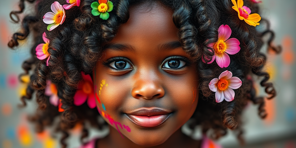 Create a vibrant portrait of a young Black girl with curly hair adorned with flowers and colorful paint splashes, captured in a close-up view with a DSLR camera, aperture f/2.8, ISO 100, shutter speed 1/200s, in natural light to enhance details and colors.