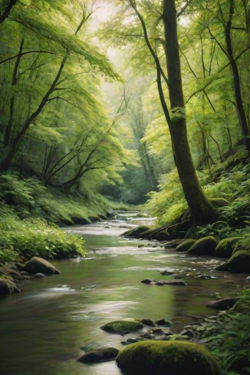 Soft-focus image of a tranquil river winding through a lush green forest, soft light filtering through the leaves, creating a serene and peaceful atmosphere.