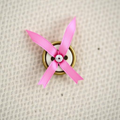 Create an image of a decorative button with a pink ribbon on a textured background, shot with a DSLR camera at f/2.8, 50mm lens, natural light, and a slight blur effect for depth.