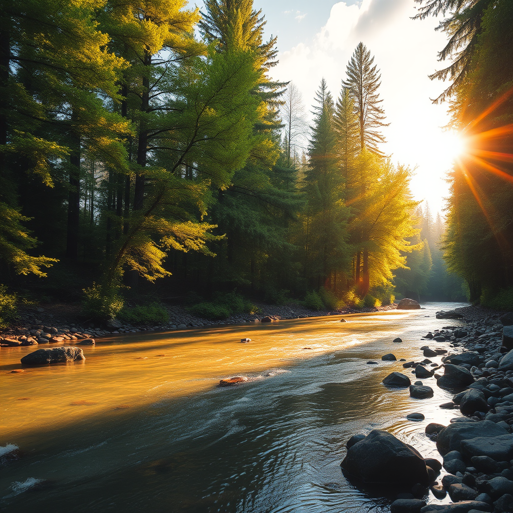 Create an image of a serene, sunlit forest scene with a clear, gently flowing river. Tall trees with lush green foliage line both sides of the river, their leaves bathed in the warm golden light of the setting or rising sun. The sunlight filters through the trees, casting soft, dappled light on the river, which flows over smooth rocks and pebbles, creating a peaceful, natural atmosphere. The sky is bright with a few scattered clouds, and the overall mood is tranquil, evoking a deep sense of connection with nature. The image captures the beauty of a calm, pristine forest landscape at either dawn or dusk.