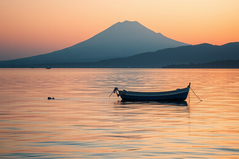 capture a serene landscape of a lone boat on calm waters with Mount Vesuvius in the background, use a DSLR camera with a 35mm lens, aperture f/8, ISO 100, shutter speed 1/250s, golden hour lighting for soft reflections and enhanced detail in the water