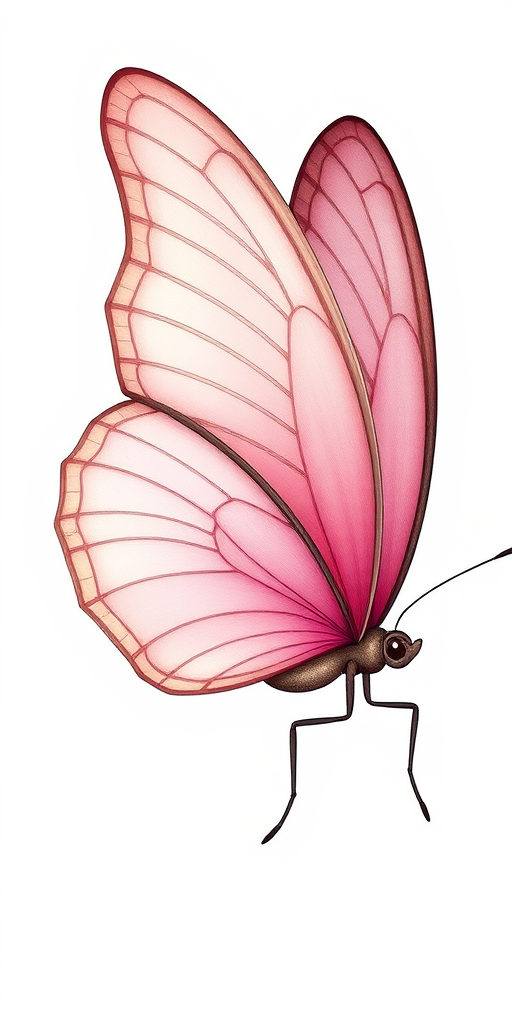 Create a detailed illustration of a butterfly with delicate wings. The wings should feature a gradient from soft pink at the center to a darker shade at the edges, with intricate vein patterns. The body should be slender and elegant, and the background should be a soft, neutral color to enhance the butterfly's beauty.