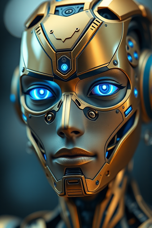 Generate a hyper-realistic image of a humanoid robot with intricate gold and blue metallic features and glowing blue eyes, using a Canon EOS R5, 85mm lens, f/1.4 aperture, ISO 100, 1/200 second shutter speed, focused on the face with a soft bokeh background.