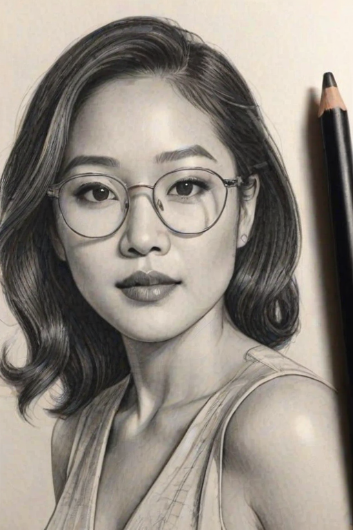 Bewitching Constance Wu, pencil sketch, portrait of Elegant woman 1938s in glasses, hair style beatnik, outline, clear lines, fine lines, 8k