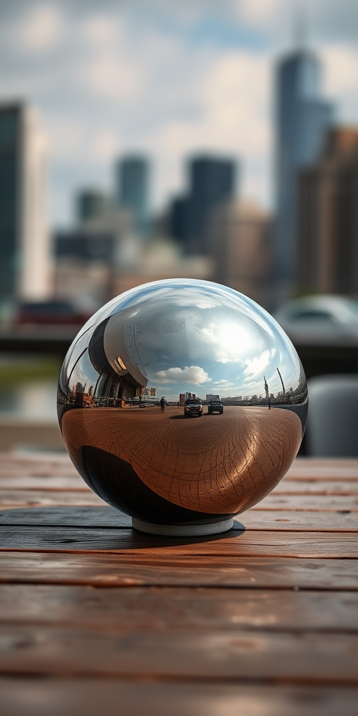 A highly reflective metallic sphere placed on a wooden table with a blurred city skyline in the background, captured with a DSLR camera at f/1.8 aperture, ISO 100, 50mm lens, in a soft focus style with natural lighting to enhance details and textures.