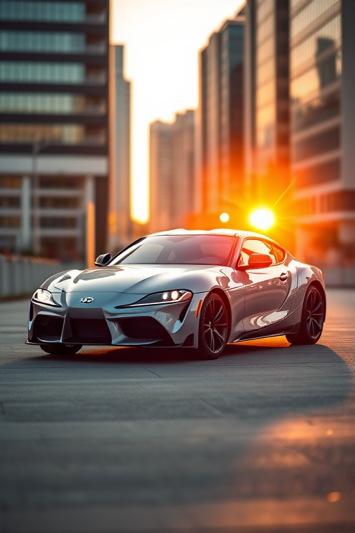 Create a high-resolution image of a sleek, modern car parked in an urban setting at sunset, with a shallow depth of field, using a DSLR camera at f/2.8, ISO 100, 1/200s, in portrait orientation.