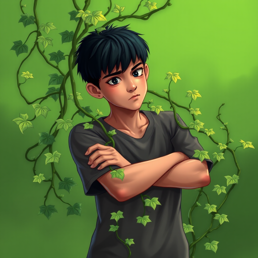 Create a digital illustration of a young man with short black hair standing with arms crossed, looking contemplative with a frustrated expression, intertwined with green vines on a vibrant green background, using a soft focus effect, focal length of 50mm, aperture set to f/2.8, and a high dynamic range photography style.