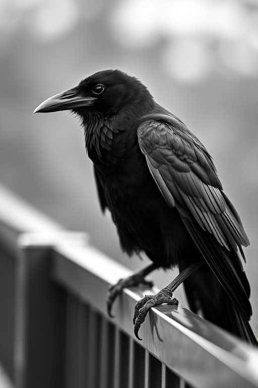 a close-up of a raven perched on a railing, showcasing its glossy black feathers and sharp beak, in black and white photography with a blurred background.