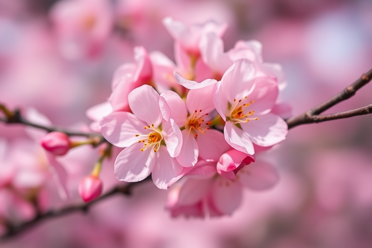 Close-up shot of pink cherry blossoms on a branch, using a DSLR camera with a 50mm lens, aperture f/1.8, ISO 100, shutter speed 1/200s, natural lighting, shallow depth of field for a blurred background.