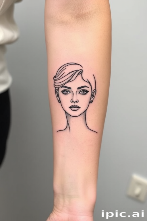 Minimalist fine line tattoo of a continuous one-line portrait on the forearm, showcasing delicate and precise linework with negative space to create a captivating and elegant design