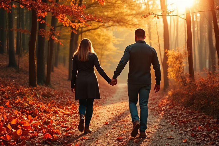 Warm, softly lit photo of a couple walking hand-in-hand along a forest path in autumn, vibrant red and orange leaves covering the ground, with soft golden sunlight filtering through the trees.