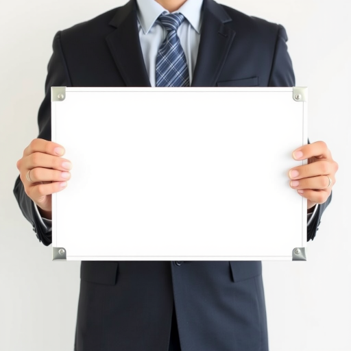 Create an image of a professional individual in a business suit, holding a large blank whiteboard in front of their face. The background should be neutral to emphasize the person and the blank board. Make sure the person's hands are visible, and they are positioned at mid-chest level, showcasing the blank space clearly.