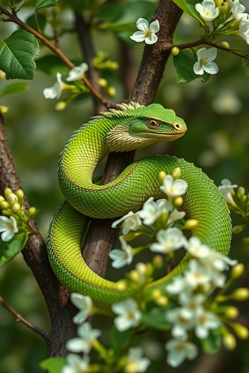 Create a highly detailed and realistic image of a green dragon coiled around a tree with blooming white flowers, captured with a Canon EOS R5 at f/4, 1/200 sec, ISO 200, in a natural light setting using a macro lens to enhance texture and depth.