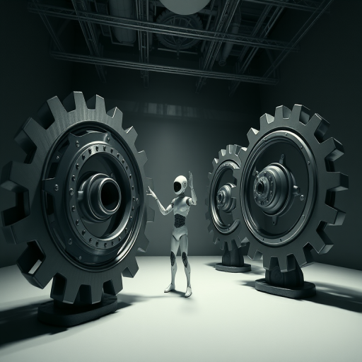 Create a surreal scene featuring a humanoid figure interacting with large rotating gears in a monochromatic space, using a Canon EOS R5 with a 24-70mm f/2.8 lens, aperture set to f/8, ISO 100, and a wide-angle view for depth, focusing on dramatic contrasts and reflections.