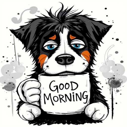 A quirky, artistic illustration of a disheveled greater swiss mountain dog with exaggerated, large eyes and spiky fur, holding a coffee mug that reads "Good Morning". The dog has a tired but humorous expression, with ink splatters and abstract details surrounding it, giving a whimsical feel to the image. The color palette is mostly monochrome with hints of blue in the eyes and steam rising from the mug, enhancing the overall sleepy vibe