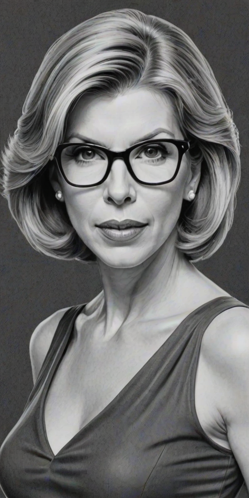 Resplendent Christine Baranski, pencil sketch, portrait of Enticing woman 1971s in glasses, hair style beatnik, outline, clear lines, fine lines, 8k