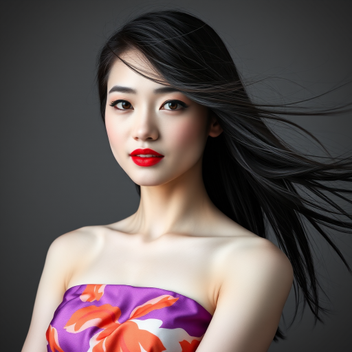 Photographic image of a beautiful young Singaporean woman, red eyes, lips with red lipstick, long hair fluttering in the wind and wearing a silk strapless dress with a soft purple and orange print. monochrome image with only color highlights in the iris of the eyes, lipstick and dress. Gray background.