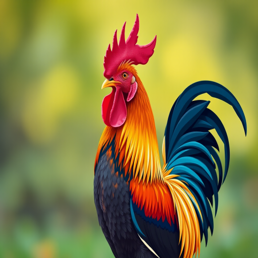 Regenerate a stylized rooster illustration with vibrant colors, using a Canon EOS R5 camera with a 50mm f/1.2 lens, settings at ISO 100, aperture f/2, and a soft focus background for enhanced depth.