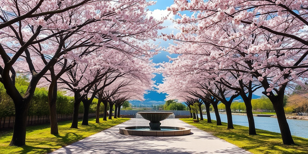 a picturesque view of blooming cherry blossom trees lining a serene pathway with a water feature, mountains in the background, taken with a Canon EOS R5, 24mm focal length, f/8 aperture, ISO 100, bright daylight, HDR photography style