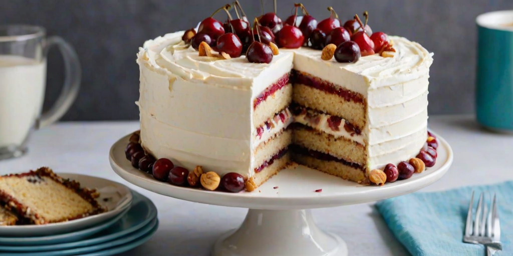 Create an image of a layered cake on a white pedestal. The cake should have three distinct layers, with a creamy white frosting on top. The top should be decorated with a mix of colorful cherries and nuts. Place a slice of the cake cut out, showing the layers inside. Include a cup of coffee in the background and a blue cloth underneath the cake stand.
