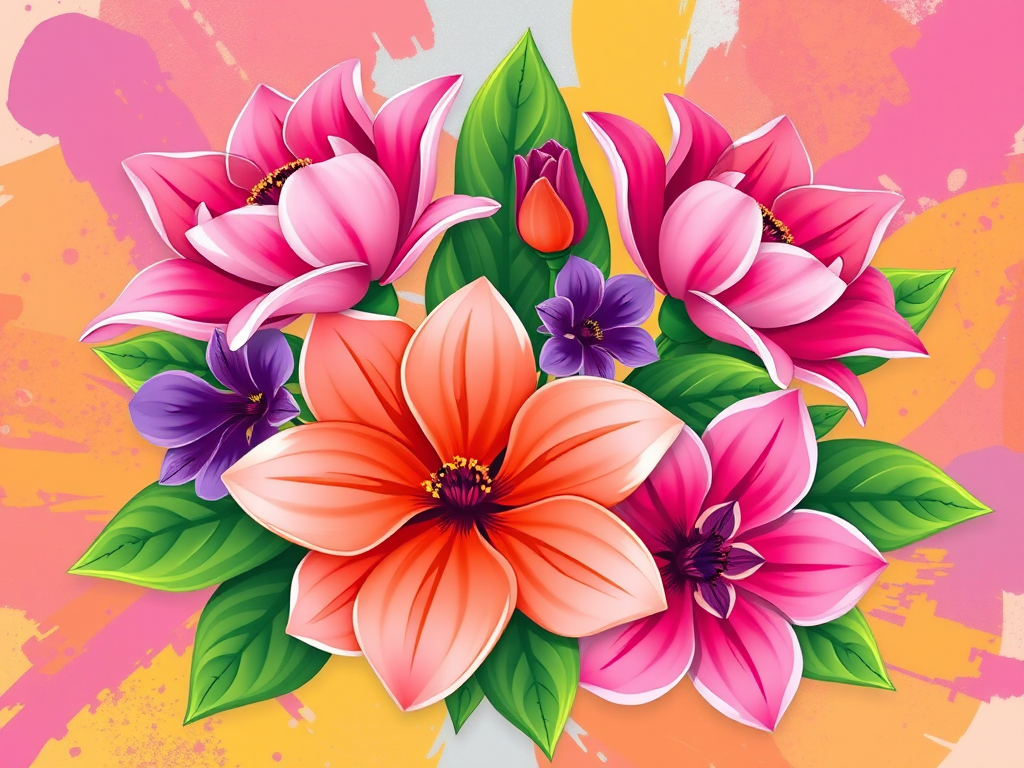 Create an illustration of a colorful bouquet featuring pink, purple, and orange flowers with green leaves and a bright abstract background.
