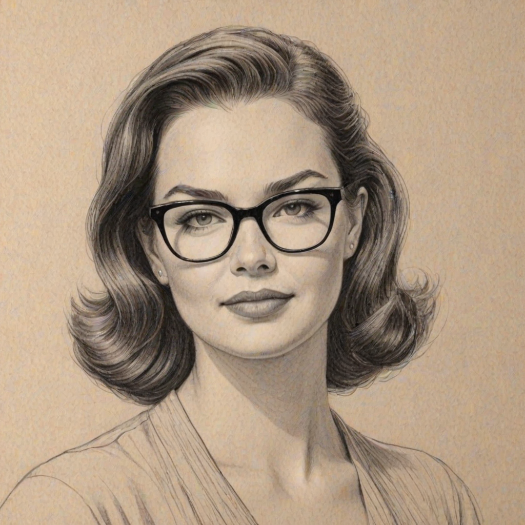 Wonderful Tammy Blanchard, pencil sketch, portrait of Gorgeous woman 1947s in glasses, hair style beatnik, outline, clear lines, fine lines, 8k