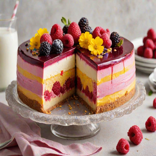 Create an image of a beautifully layered dessert with three distinct colors: yellow, pink, and red. The dessert should have a smooth, glossy surface and be garnished with fresh raspberries and edible flowers. The slice should be presented on a white plate with a fork beside it, showcasing the vibrant layers and a crumbly base. The background should be dark to enhance the colors of the dessert.