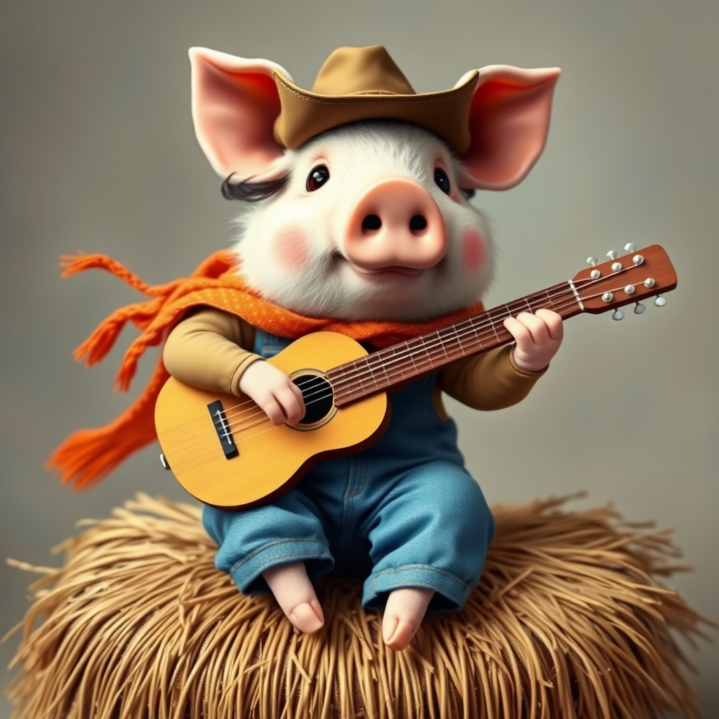 A chibi pig, dressed as a cowboy, playing guitar, sitting on a hay bale