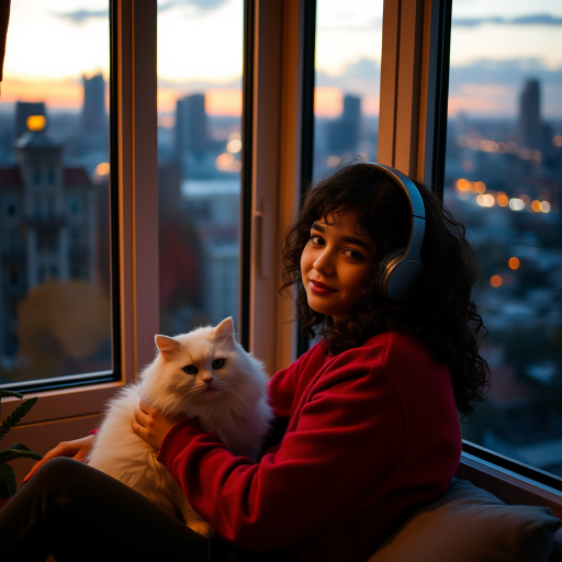 A cozy indoor scene featuring a girl with curly hair wearing headphones, sitting by a window with a view of a city skyline at dusk, softly lit by warm light, with a fluffy white cat beside her, portraying a peaceful atmosphere, captured with a DSLR camera, aperture f/1.8, ISO 200, 50mm lens, soft focus style.