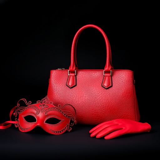 photograph a red designer handbag with an elegant texture and a matching pair of red gloves placed beside it, include a decorative red mask, use a DSLR camera with a 50mm lens, aperture f/1.8, ISO 100, softbox lighting for even illumination, black gradient background for dramatic contrast, focus on details and textures.