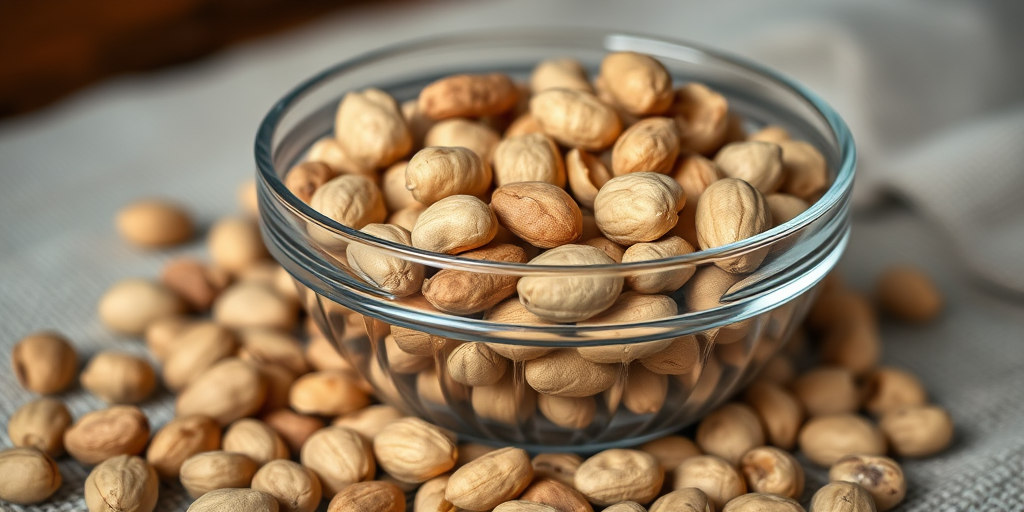 Close-up shot of a clear glass bowl filled with shelled peanuts, surrounded by unshelled peanuts on a textured surface, natural light, aperture f/4, ISO 100, 50mm lens, DSLR camera.