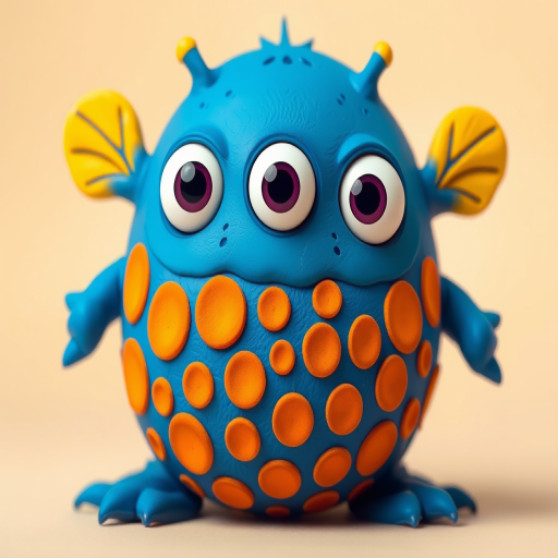 Create a cartoonish blue monster with three eyes, yellow fins, and a round body covered in orange spots, set against a light beige background, captured with a DSLR camera at f/4, ISO 100, shutter speed 1/60 sec, using a close-up view, with soft lighting for a vibrant and crisp effect.